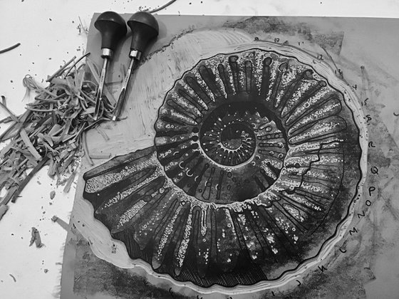 Ammonite (grey and black) linocut print