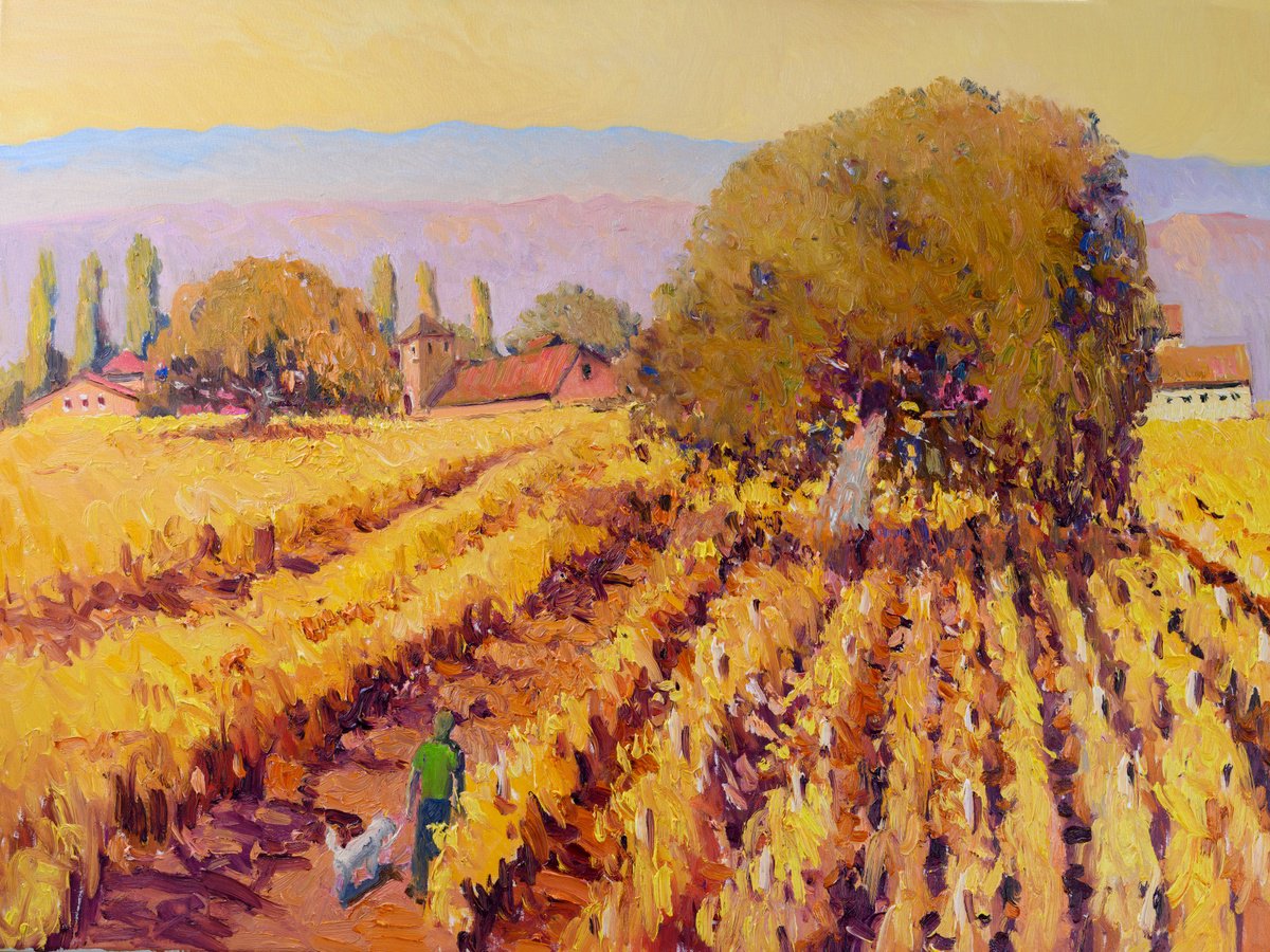 Expressive Landscape Oil Painting By Suren Nersisyan, 40 X 30", Vineyards In The Fall, Original Artwork