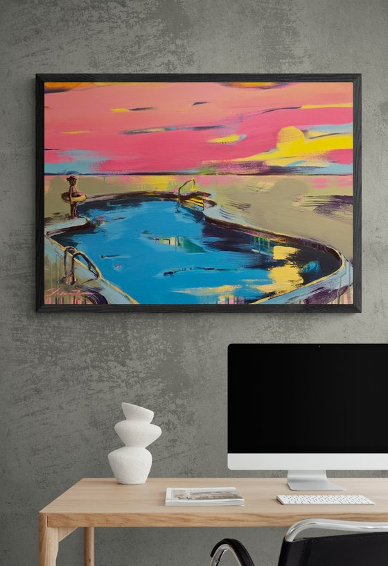 Bright painting - "Girl with float" - Pop Art - Landscape - Swimming pool