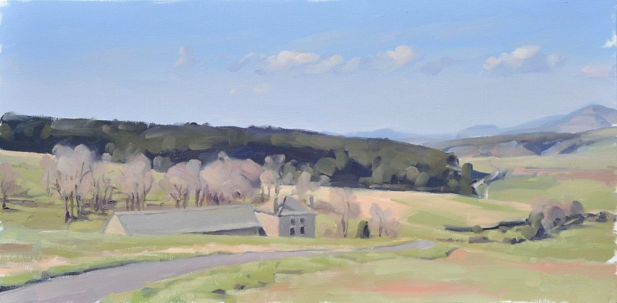 Impressionistic Landscape Oil Painting By Anne Baudequin, 39 X 20, April 12, Massif Du Mezenc, Farm, Original Artwork