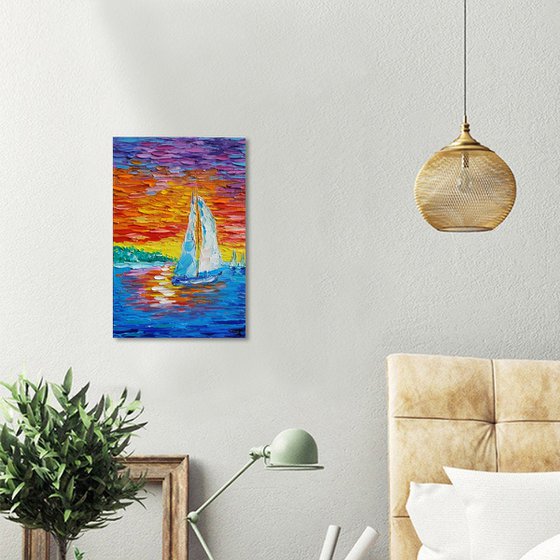 Lovely sunset - boat's sunset, oil painting, sea life, sky painting