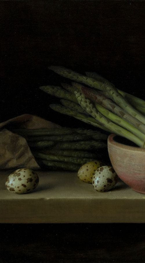 Asparagus and quail eggs, 30x40cm, oil no canvas, 2018, original classic still life by Davit Davtyan