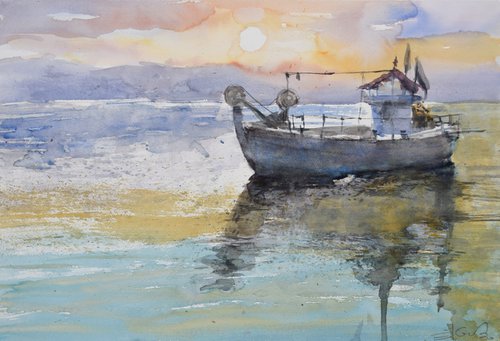 Fishing boat in sunset by Goran Žigolić Watercolors