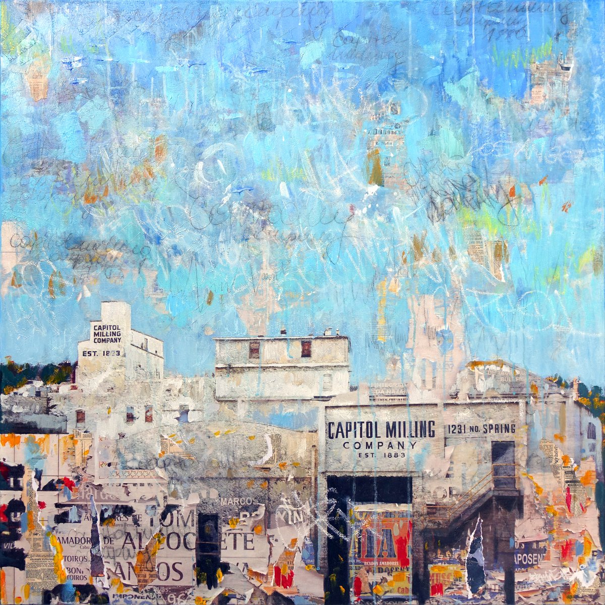 Urban And Pop Cityscapes Painting By Tomasz Brynowski, 43 X 43", Capitol Milling, Original Artwork