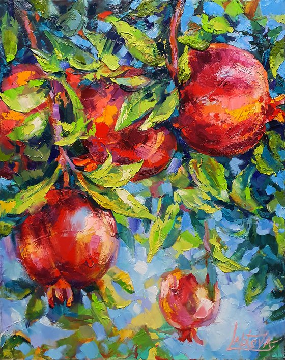 Painting original oil stil life - Pomegranates, Fruits Red