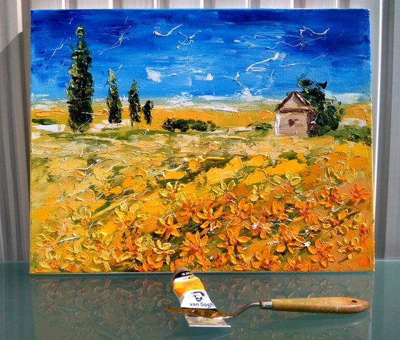 Ukraine Painting Landscape Original Art Sunflower Field Oil Artwork Ukrainian Sky Home Wall Art 18 by 14" by Halyna Kirichenko