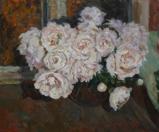 The Peonies Near The Night Window - peonies still life painting