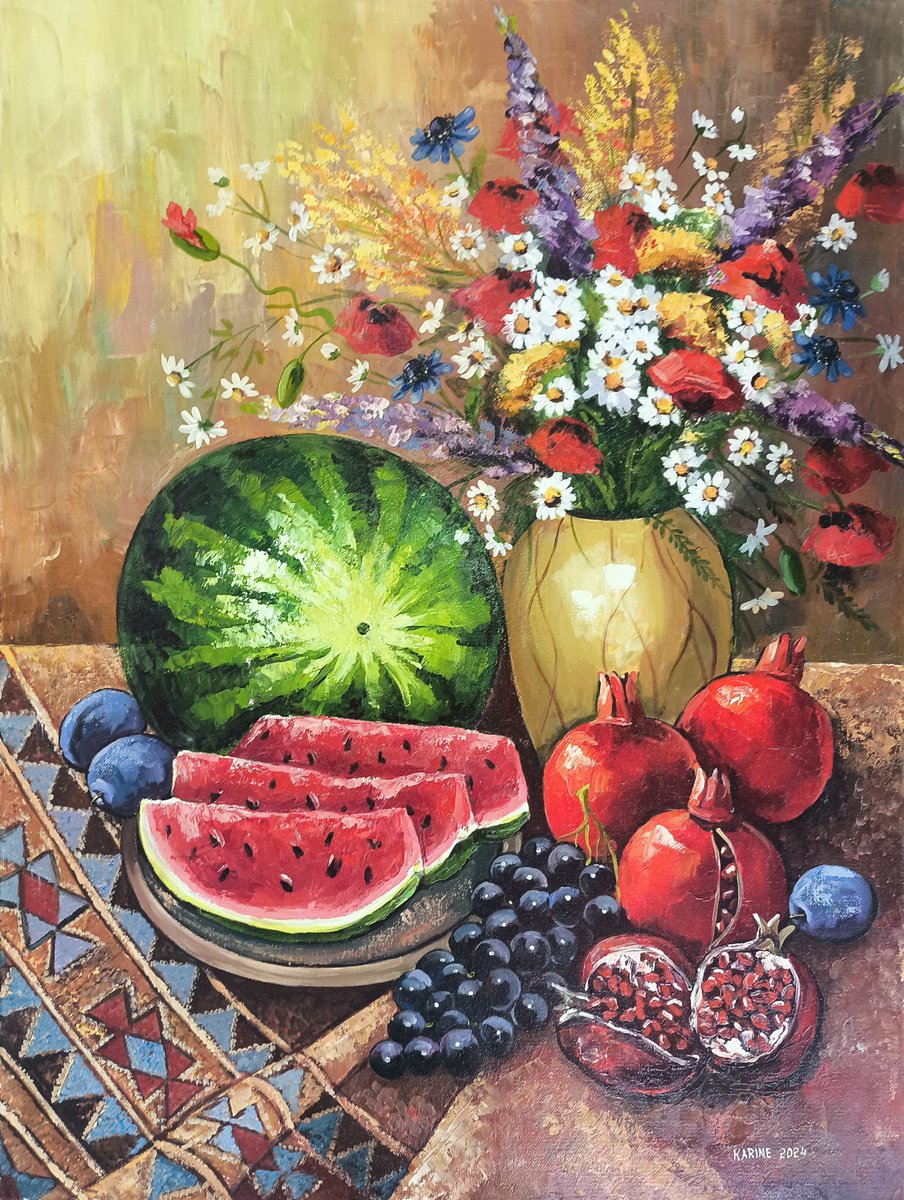 Impressionistic Still Life Oil Painting By Karine Harutyunyan, 24 X 31", Floral And Fruit Fiesta, Original Artwork