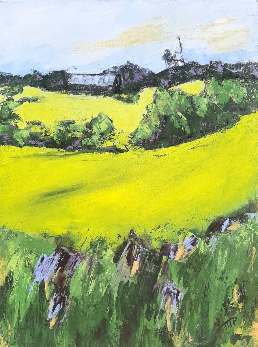 Expressive Landscape Acrylic Painting By Michele Paris, 18 X 24", Jaune Canola #309, Original Artwork