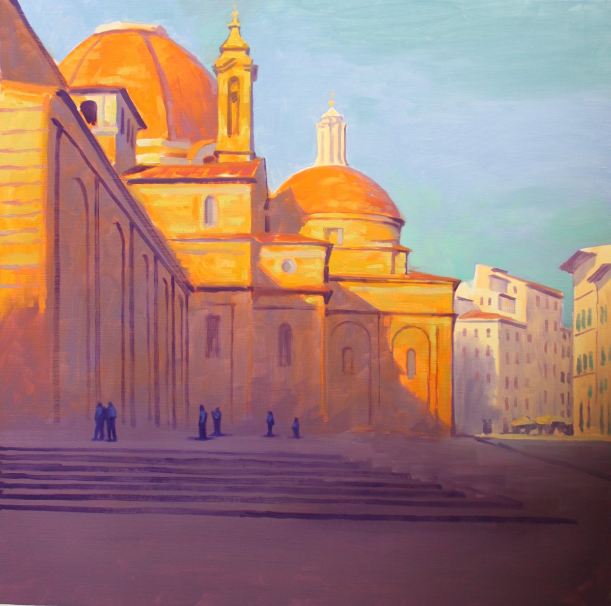 Impressionistic Cityscapes Oil Painting By Revaz Tcheishvili, 35 X 35", Firenze, Piazza San Lorenzo, Original Artwork