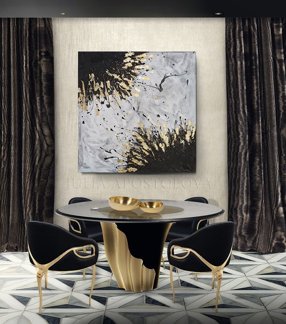 ''Angels Touch'' Extra Large Original Abstract Painting with Gold Leaf, Black White Gold Wall Art by artist Julia Apostolova