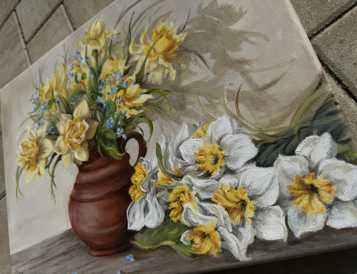 Photorealistic Botanical Oil Painting By Oana Voda, 16 X 12", First Daffodils, Original Artwork