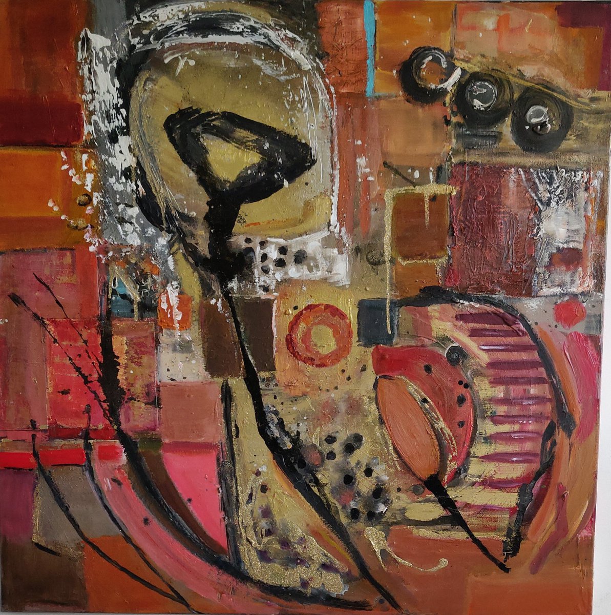 Abstract Acrylic Painting By Sylvie Dodin, 39 X 39", Gold Pigments, Original Artwork