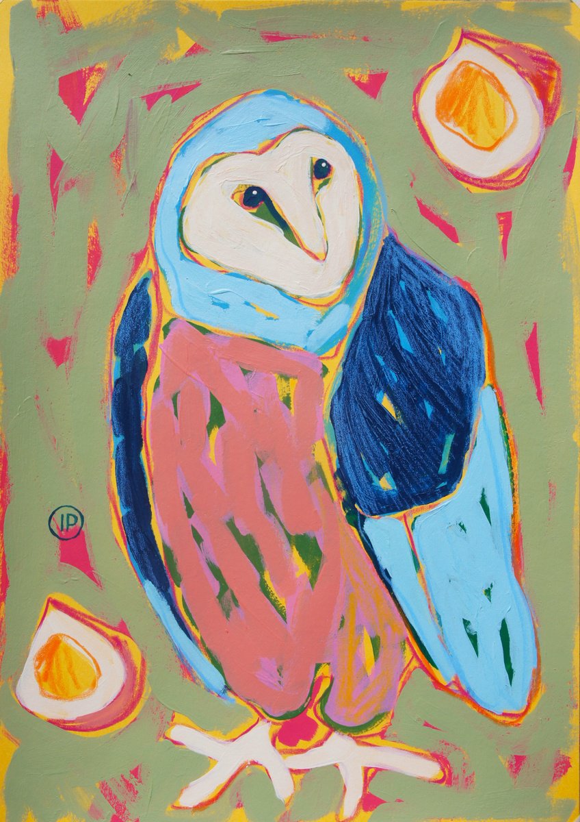 Impressionistic Animal Painting By Irina Plaksina, 8 X 12, Owl With Figs, Original Artwork