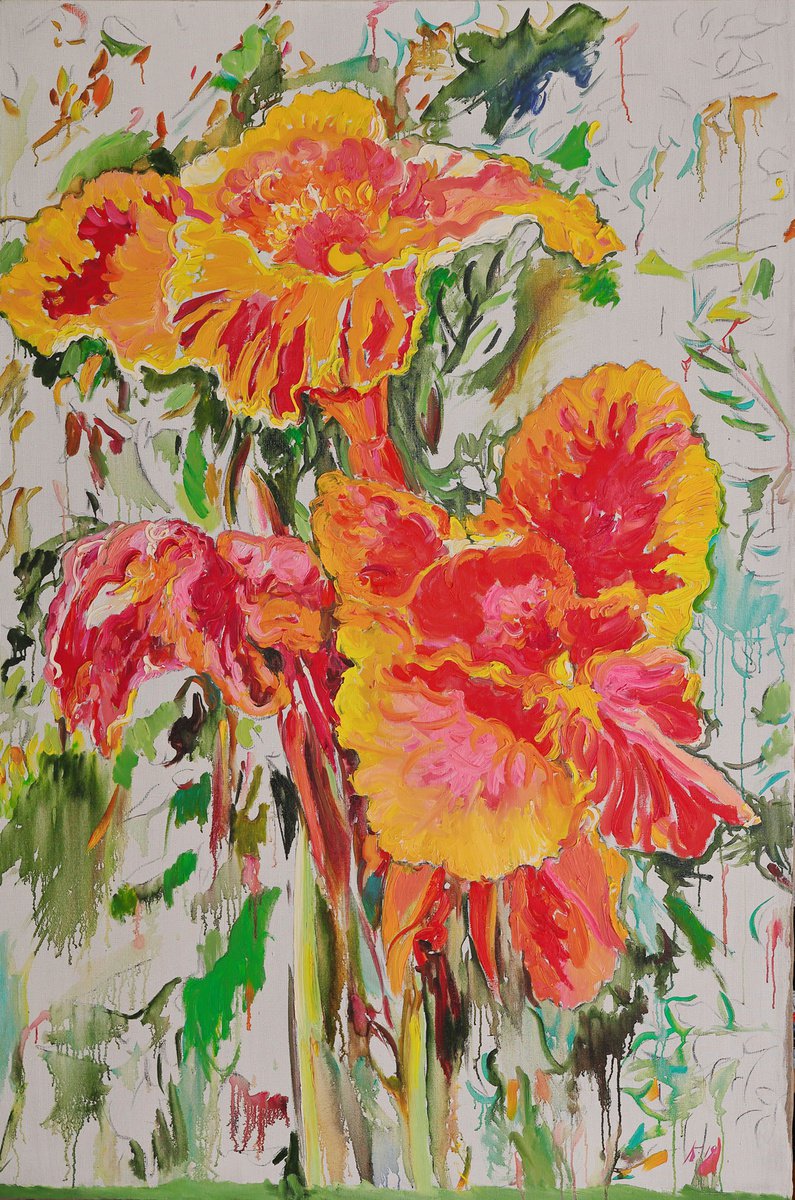 IRISES - Easel - XL Large Oil Floral Painting - original wall sized orange yellow colours... by Karakhan