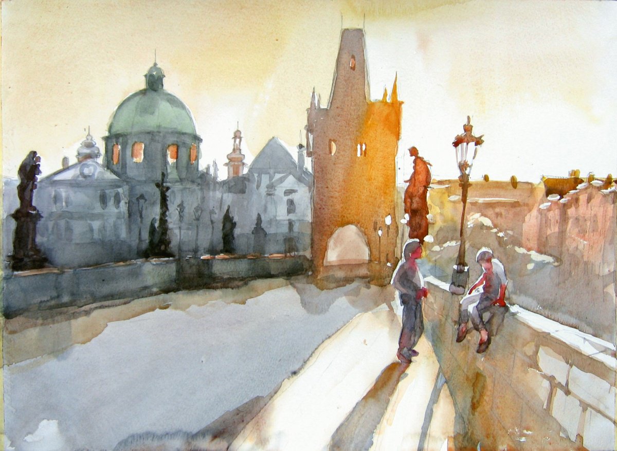 Cityscapes Watercolour By Goran Zigolic Watercolors, 20 X 14, On The Charles Bridge, Original Artwork
