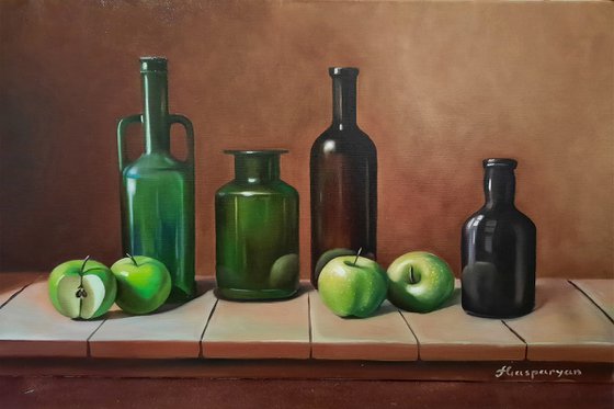 Still life apples and bottle (40x60cm, oil painting, ready to hang)