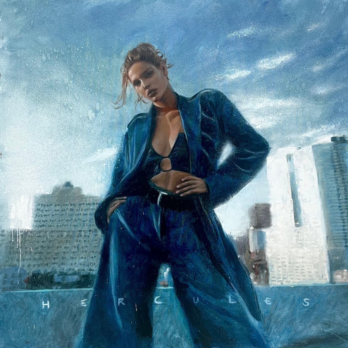 Boss babe, woman in blue suit city background by Renske Karlien Hercules