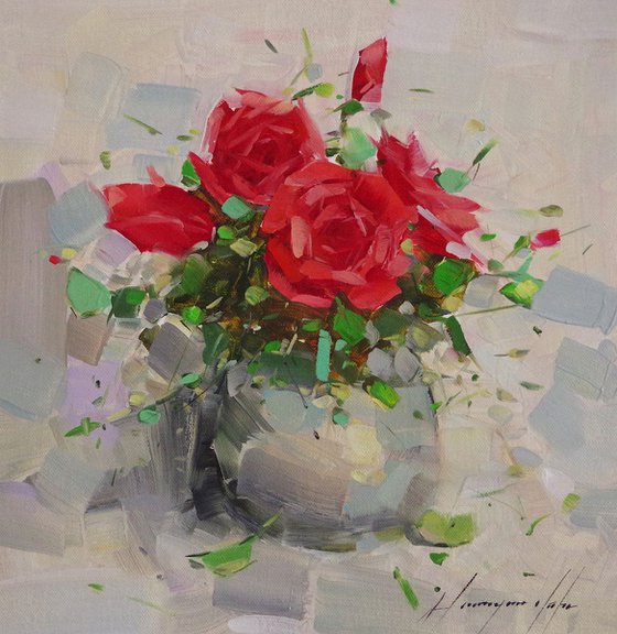 Vase of Roses, Oil painting, One of a kind, Signed, Handmade artwork