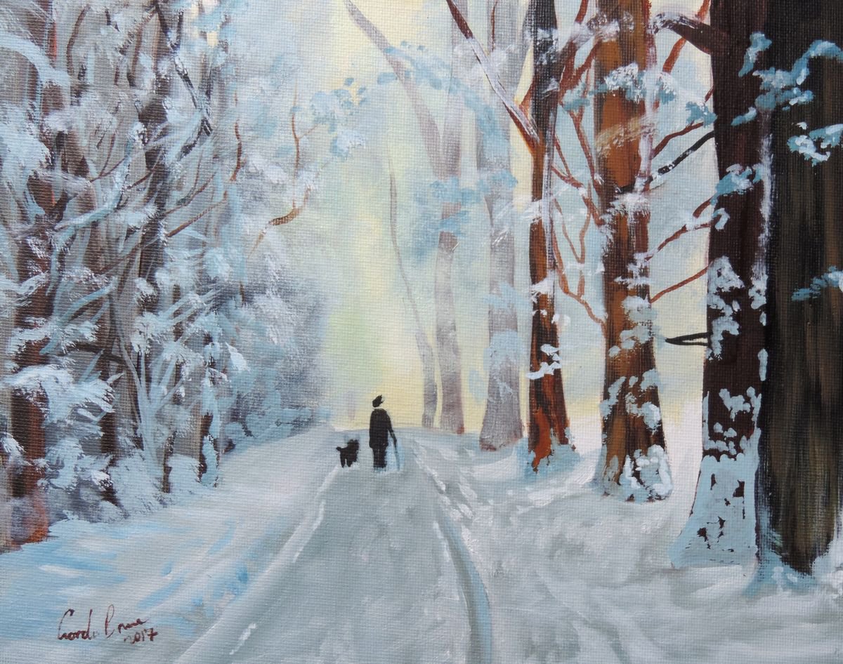 Winter man and his dog oil painting | Artfinder