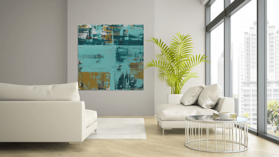 XL Abstract Painting - Static In Blue XL - 120x120 cm - Ronald Hunter - 14J