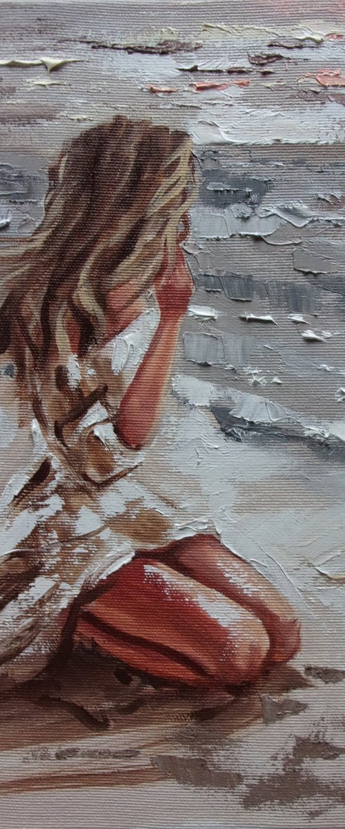 " LONELY TIME ... " original painting SEA spring palette knife GIFT by Monika Luniak