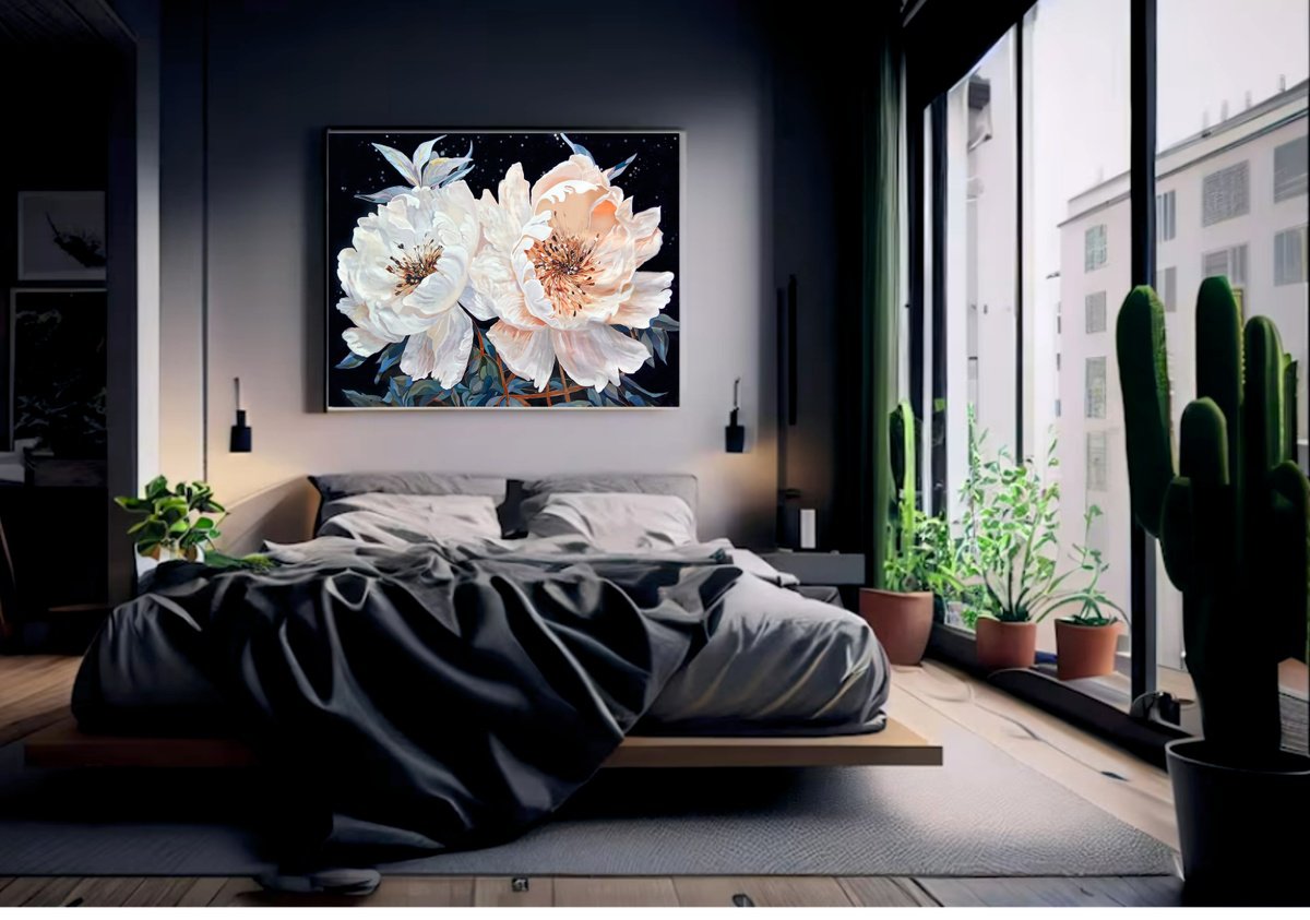 XL painting of Beige peonies on canvas, Luxury cottage chic by V+V Kniazievi