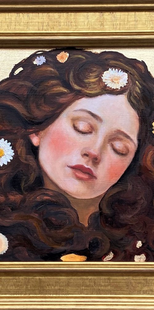 Dream of Flowers: Gold leaf oil portrait with frame. by Jackie Smith