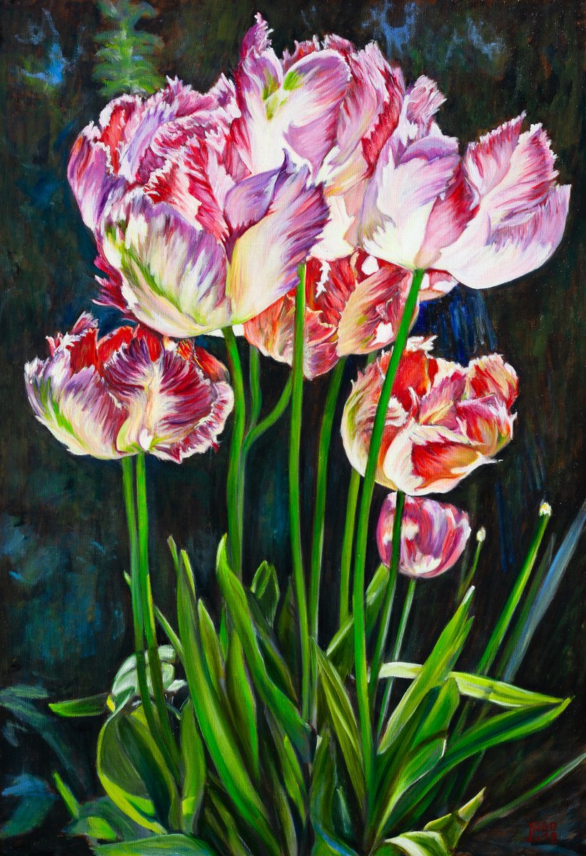 Photorealistic Botanical Oil Painting By Liudmila Pisliakova, 20 X 28", Tulips In The Sunlight, Original Artwork