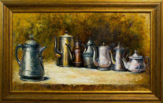 "Nosy team" still life teapots liGHt original painting  GIFT (2016)