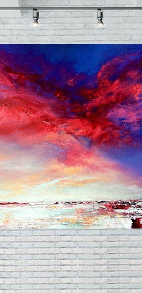 " Ruby Sunset" pink, gold, blue abstract seascape oil  painting by Olena Topliss