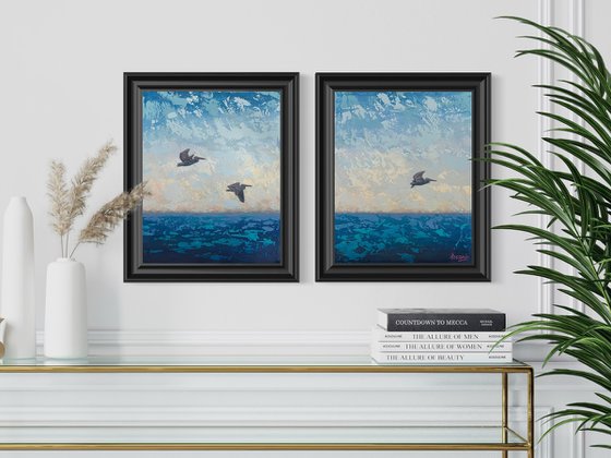 “SEASCAPE #16 WITH PELICANS”