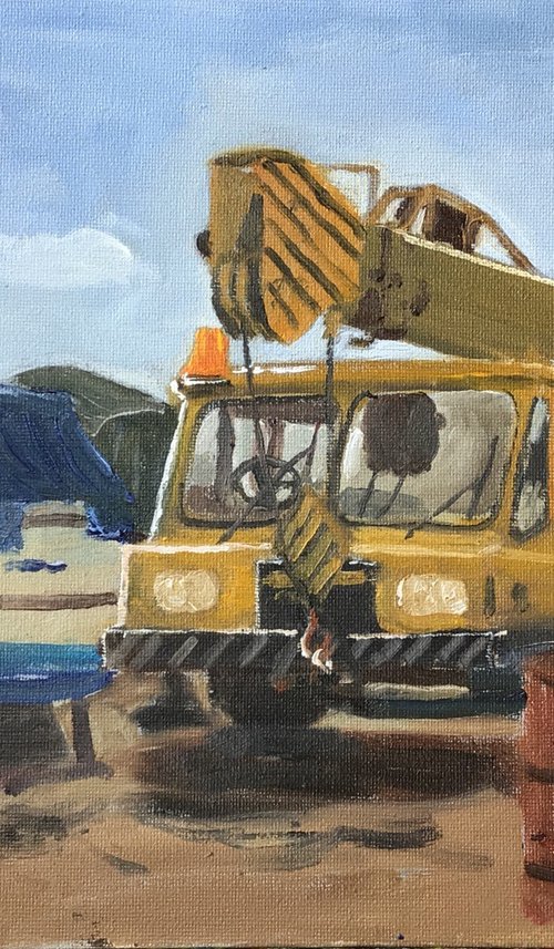 Boatyard crane, An original ‘plein air’ oil painting. by Julian Lovegrove Art