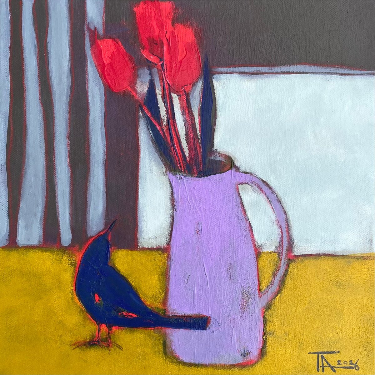Thrush And Tulips. By Tatjana Auschew, 16 X 16, Artwork For Sale On Artfinder