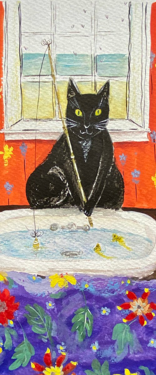 Whiskers and Whims: Home Adventures of a Black Cat - Fishing by Tetiana Savchenko