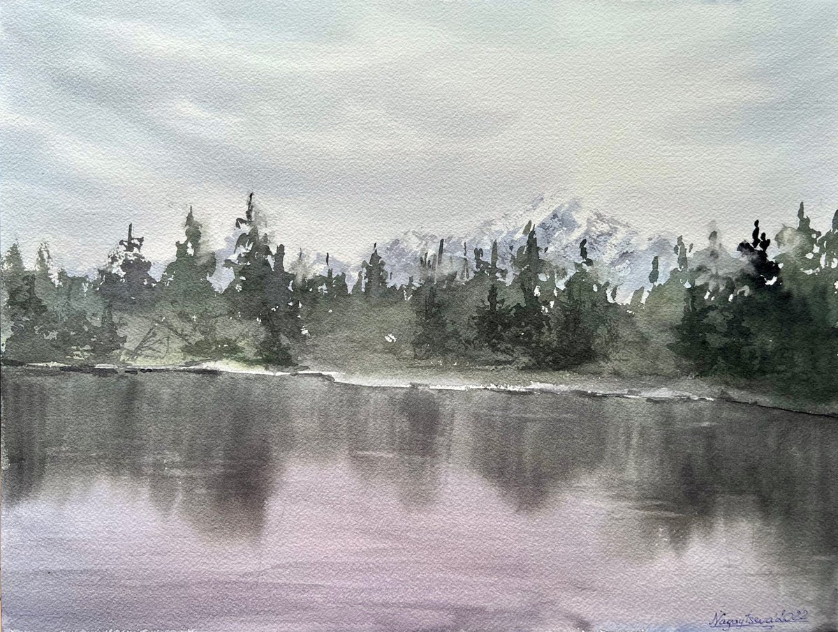 Original watercolour landscape, Canmore view, Canada, mountains, north nature by Inna Nagaytseva