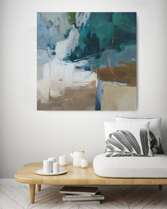 "Influence 2" Abstract teal green acrylic art