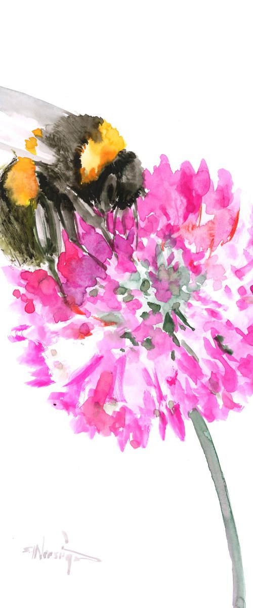 Bumblebee and bright pink flower by Suren Nersisyan