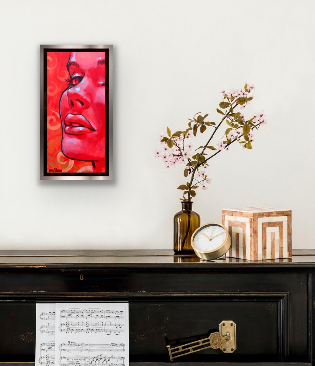 affordable small red surrealist pop art portrait: From within by Monique van Steen