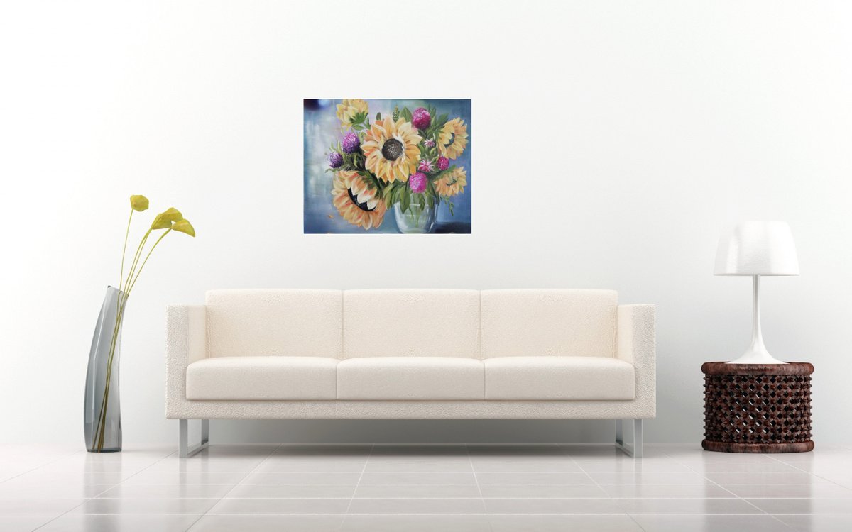 Sunflowers in a vase, original summer flowers, gift idea, bedroom painting by Nataliia Plakhotnyk