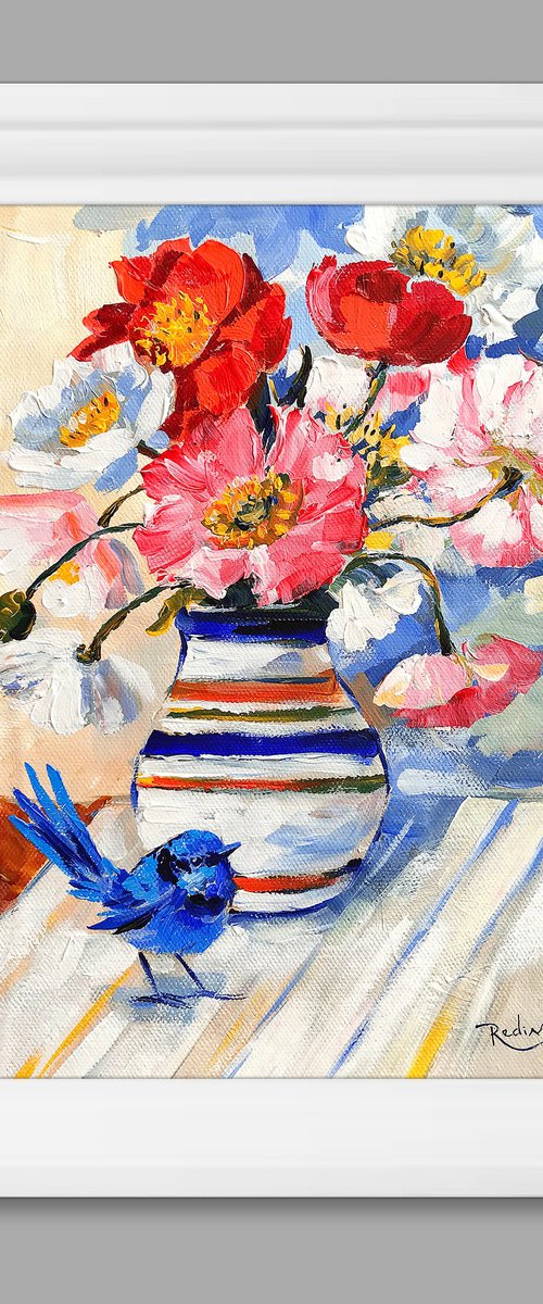 Blue Bird and Poppies by Irina Redine