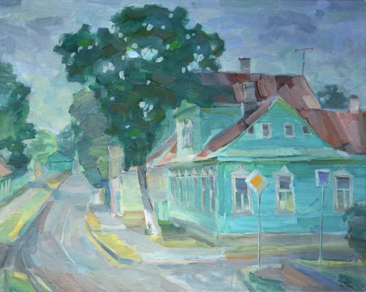 Impressionistic Cityscapes Oil Painting By Victoria Alferonok, 20 X 16", Turquoise Street, Original Artwork