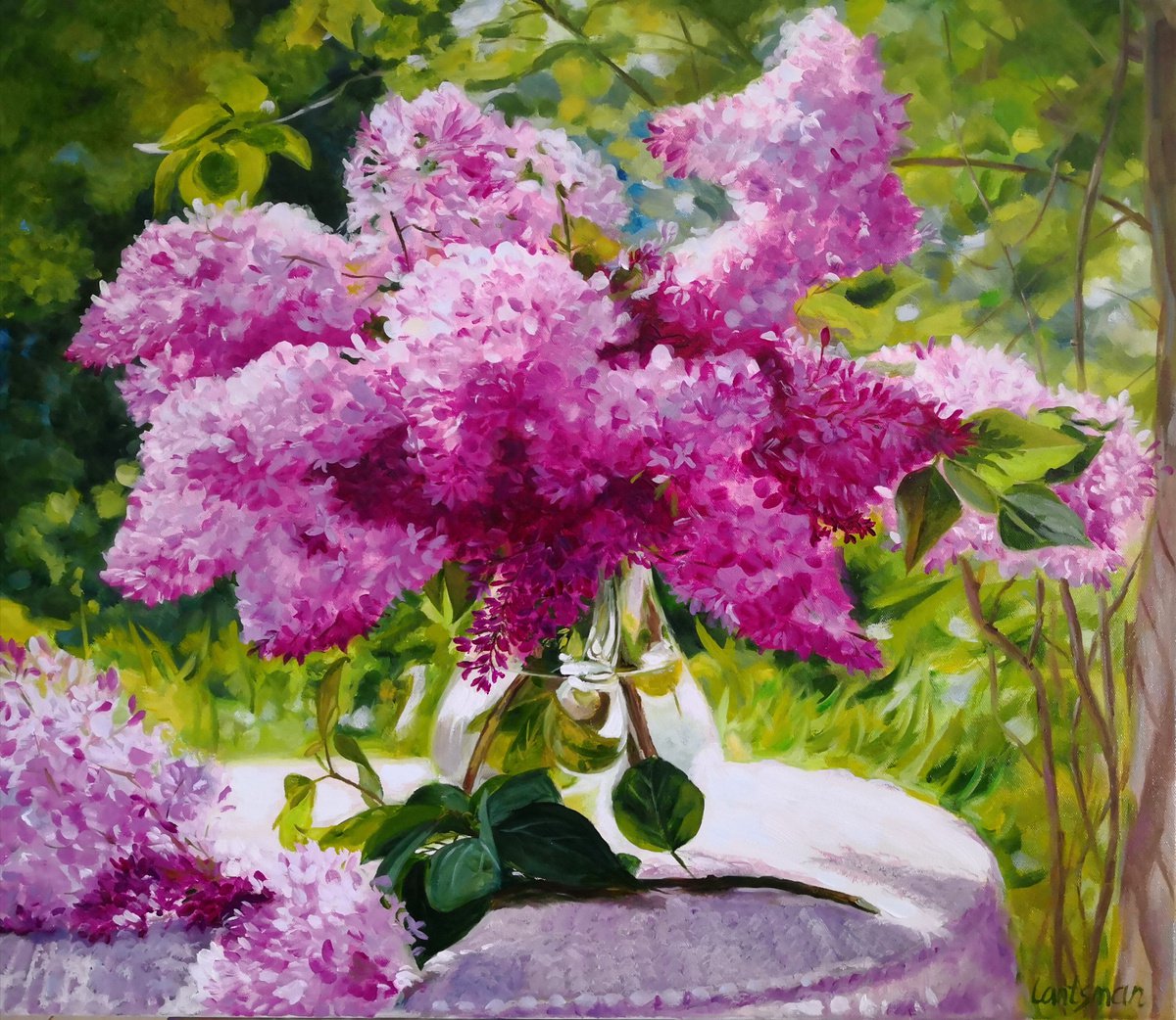 Lilac bouquet in a glass vase in the garden still life by Jane Lantsman