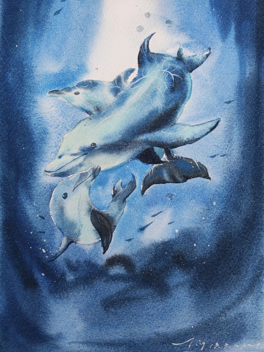 Impressionistic Animal Watercolour By Jing Chen, 7 X 11, Dolphins, Original Artwork