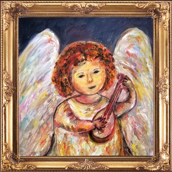 "Angel Playing the mandolin" Original Oil on Canvas Board Painting 20x20cm/8x8 in