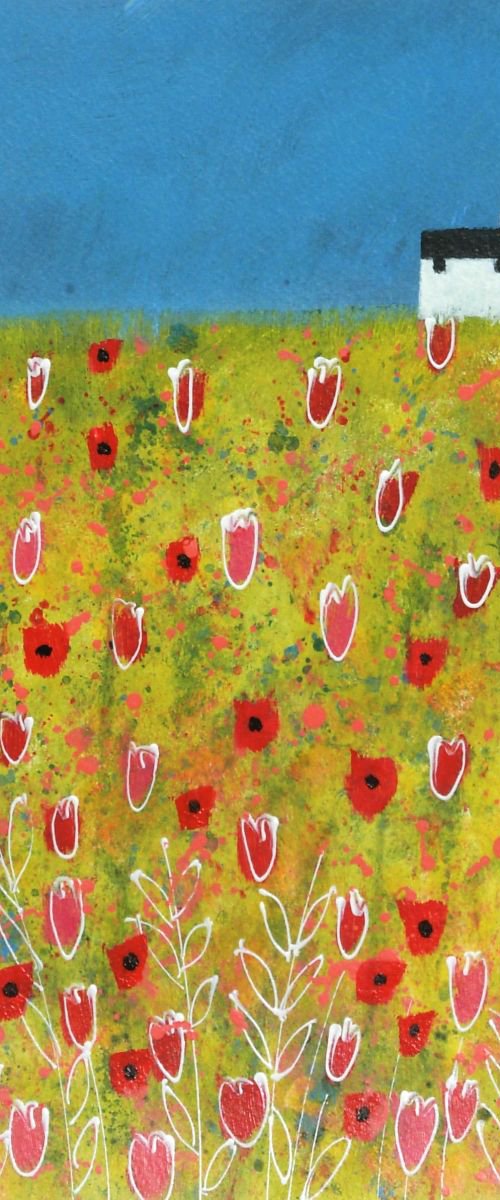 White Cottage with Poppies and Tulips by Jan Rippingham