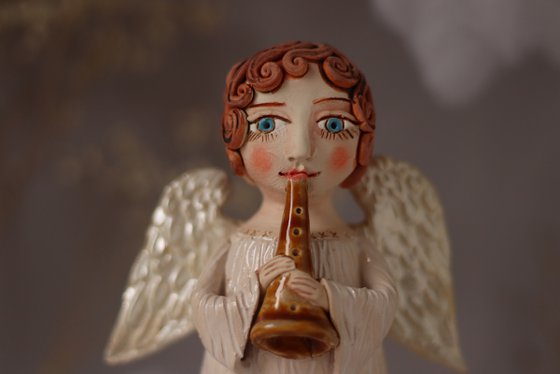 Song of the angel. Angel with a flute OOAK sculpture.