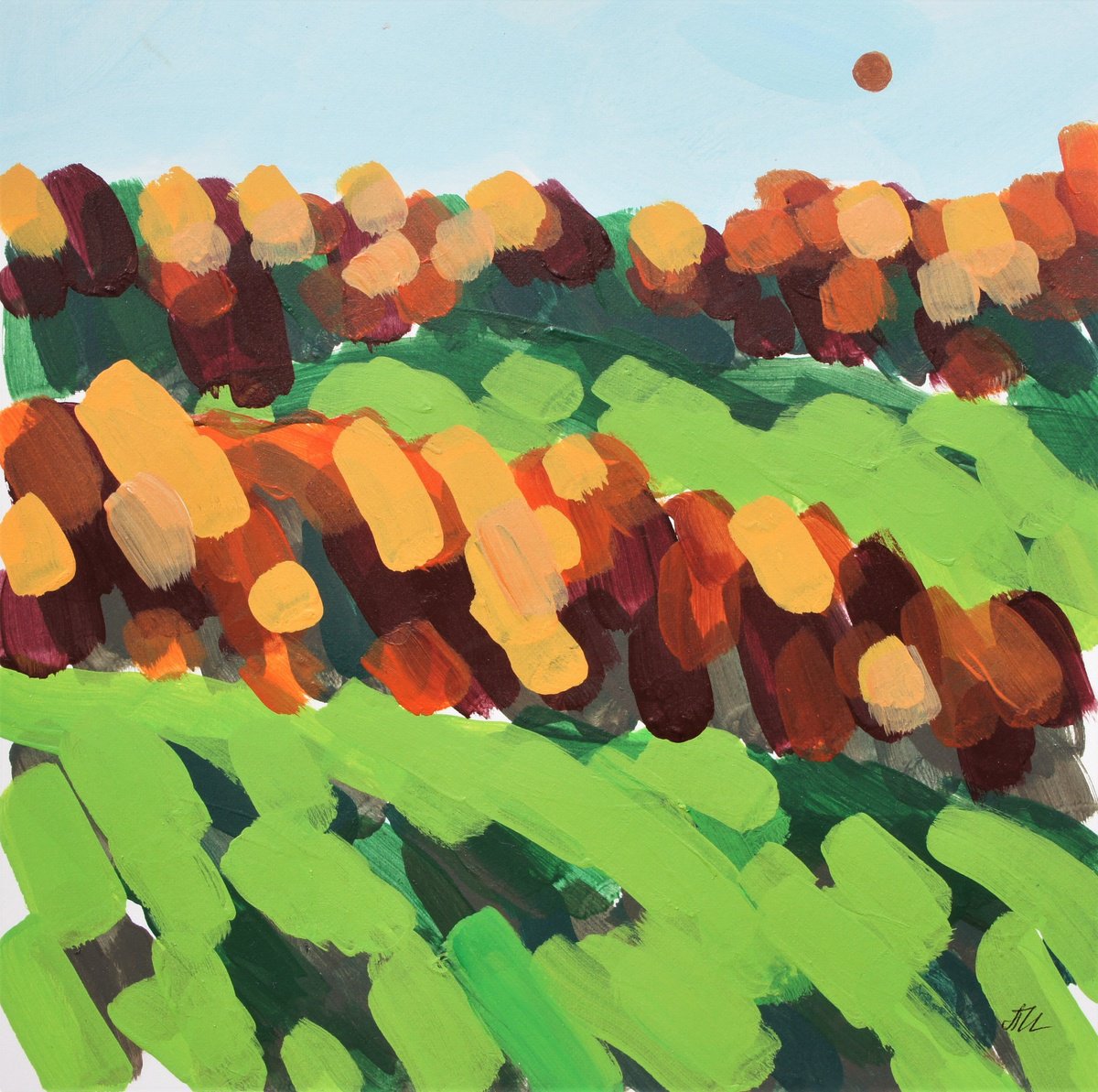 Impressionistic Landscape Acrylic Painting By Irina Plaksina, 9 X 9, Early Fall In Vermont, Original Artwork