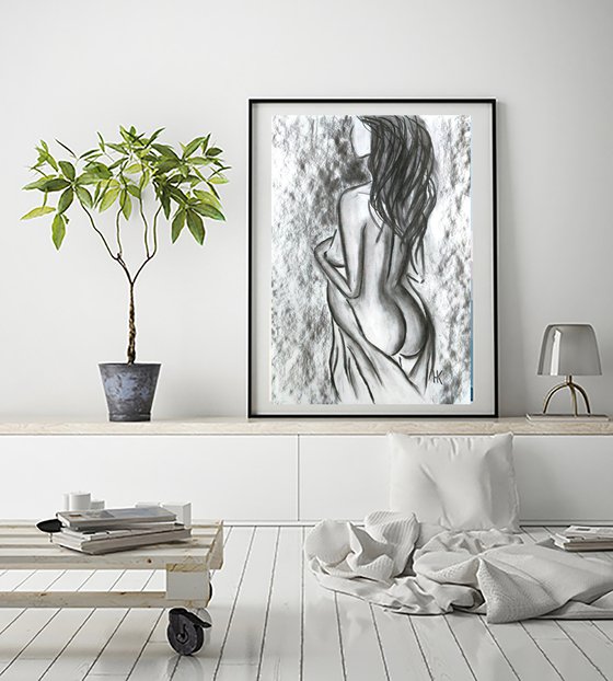 Female Nude Drawing Original Charcoal Sketch Black Monochrome Artwork Woman Nude Back View Home Wall Art 12 by 17"