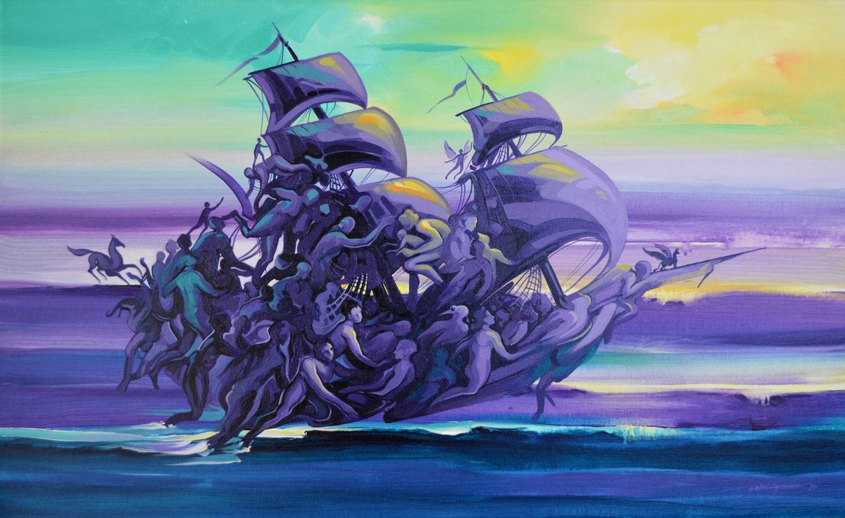 Surrealistic Abstract Acrylic Painting By Grama Gabriel, 30 X 19, Purple Odyssey, Original Artwork